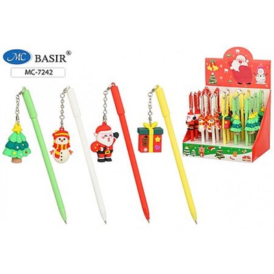 Ручка шариковая МС-7242 "НОВОГОДНИЕ" детская синяя, со съем. брелоком,асс.,цв.мат.кор. Basir