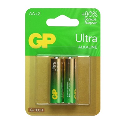 Батарейка алкалиновая GP Ultra, AA, LR6-2BL, 1.5 В, блистер, 2 шт.