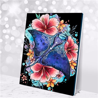 Картина по номерам 40х50 "Гавайский скат" со светящейся краской черный холст (17 цветов)