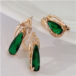 Комплект ювелирной бижутерии коллекция "Дубай" серьги и кольцо 17 р, покрытие позолота, вставка: стекло и цирконы, цвет: зеленый и прозрачный, арт.313.496-17