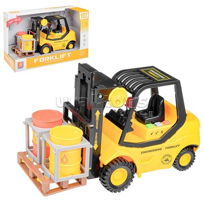 Машина "Погрузчик" с бочками и поддоном 1:16 (свет, звук) в коробке