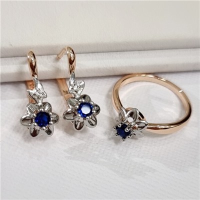 Комплект ювелирной бижутерии коллекция "Дубай" в форме цветов серьги и кольцо 20 р, покрытие позолота, вставка: фианиты, цвет: синий, арт.314.883-20