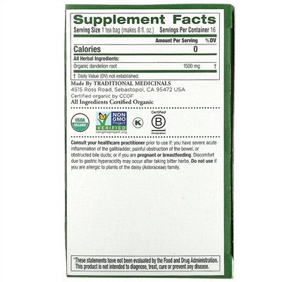 Traditional Medicinals, органический обжаренный корень одуванчика, без кофеина, 16 чайных пакетиков в упаковке, 24 г (0,85 унции)