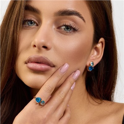 Комплект ювелирной бижутерии коллекция "Дубай" серьги и кольцо 20 р покрытие позолота, вставка: стекло, цвет: голубой, арт.414.193-20