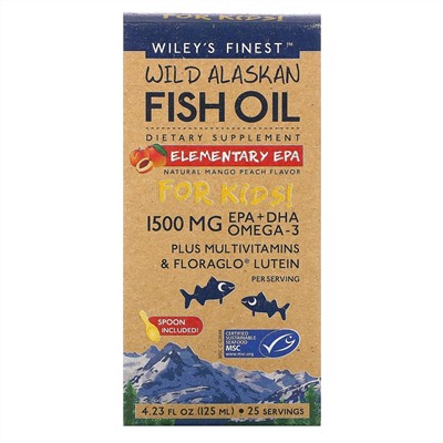 Wiley's Finest, рыбий жир из аляскинской промысловой рыбы, для детей, базовая ДГК, со вкусом натурального манго и персика, 1500 мг, 125 мл (4,23 жидкой унции)