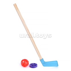 Клюшка детск. с шайбой и мячиком в индивид. упак. (дерево+пластик)