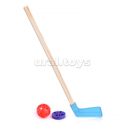 Клюшка детск. с шайбой и мячиком в индивид. упак. (дерево+пластик)