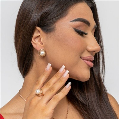 Комплект ювелирная бижутерия, серьги, кольцо и кулон, покрытие: позолота, вставка: жемчуг, 8200, р-р 18, арт.216.358-18