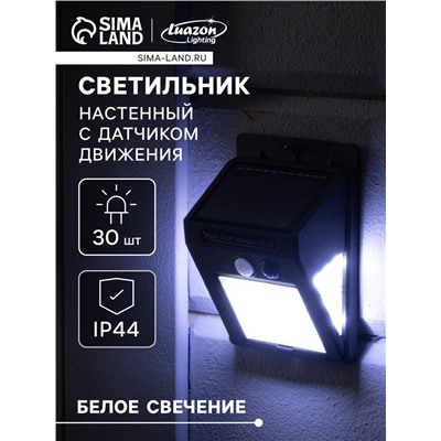 Садовый светильник на солнечной батарее с датчиком движения, накладной, 30 LED, свечение белое