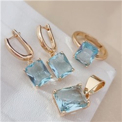 Комплект ювелирной бижутерии коллекция "Дубай" серьги, кулон и кольцо 18 р покрытие позолота, вставка: стекло, цвет: голубой, арт.215.582-18