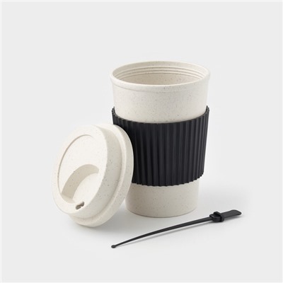 Стакан для кофе с крышкой WeatFiber, 350 мл, 8.8×14 см, пластик, многоразовый, белый, черный