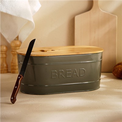 Хлебница металлическая с бамбуковой крышкой SL Home «каса Перфекто», 2 предмета: хлебница 36×20×15.5 см, длина ножа 28.3 см