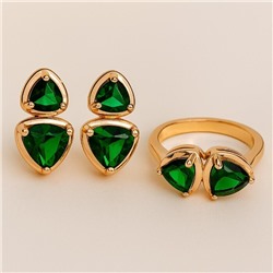Комплект ювелирной бижутерии коллекция "Дубай" серьги и кольцо 19 р, покрытие позолота, вставка: стекло, цвет: зеленый, арт.414.190-19