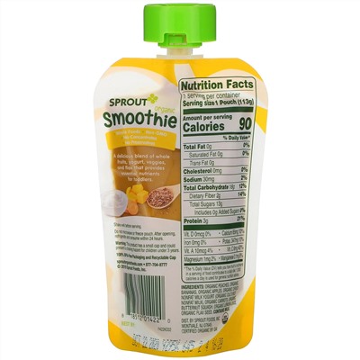 Sprout Organic, Smoothie, Peach Banana with Yogurt, Veggies & Flax Seed, 4 oz (113 g)