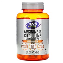 Now Foods, Sports, аргинин и цитруллин, 120 вегетарианских капсул