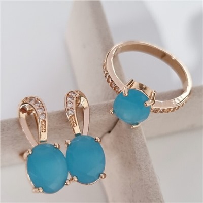 Комплект ювелирной бижутерии Дубайское золото, покрытие: позолота, серьги и кольцо 18 р, вставка: фианит, цвет: голубой матовый, арт.314.771-18