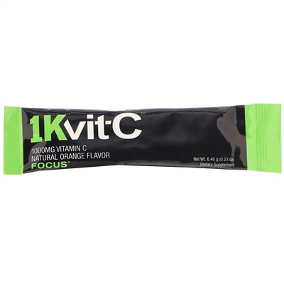 1Kvit-C, Витамин C, повышение концентрации, шипучая смесь для приготовления напитка, натуральный апельсиновый вкус, 1000 мг, 30 пакетиков по 6,4 г (0,23 унции)