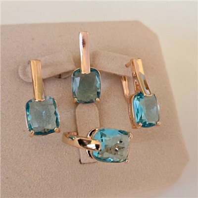 Комплект ювелирной бижутерии коллекция "Дубай"серьги, кулон и кольцо 19 р, покрытие позолота, вставка: фианит, цвет: голубой, арт.216.413-19