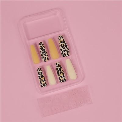 Накладные ногти «Леопард», 12 шт., с клеевыми пластинами, форма балерина, бежевые, чёрные