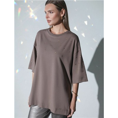 Футболка оверсайз с принтом стразами из премиального хлопка с эластаном