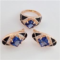 Комплект ювелирной бижутерии Дубайское золото серьги и кольцо, покрытие позолота, вставка: эмаль и фианиты, цвет: черный и синий, р-р 19, арт.314.458-19