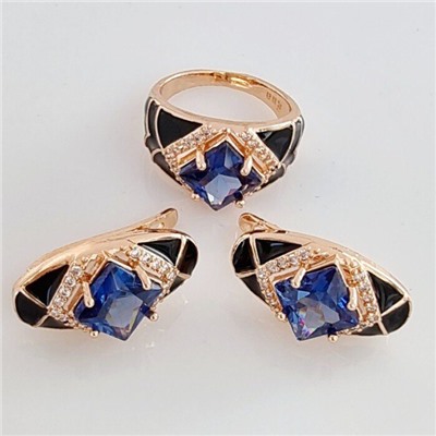 Комплект ювелирной бижутерии Дубайское золото серьги и кольцо, покрытие позолота, вставка: эмаль и фианиты, цвет: черный и синий, р-р 19, арт.314.458-19