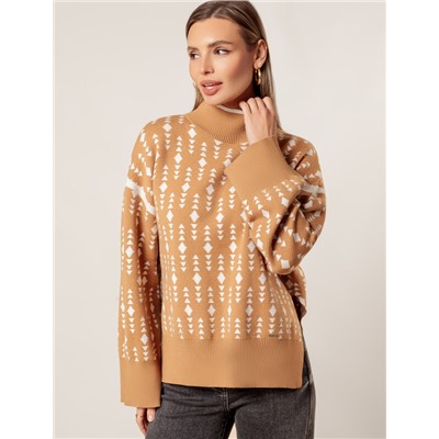 Свитер с боковыми разрезами жаккардовой вязки с кашемиром