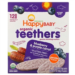 Happy Family Organics, Organic Teethers, вафли для мягкого прорезывания зубов у сидящих малышей, голубика и фиолетовая морковь, 12 пакетиков по 4 г (0,14 унции)