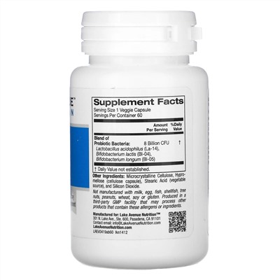 Lake Avenue Nutrition, пробиотики Acidophilus и Bifidus, смесь пробиотиков, 8 млрд КОЕ, 60 растительных капсул