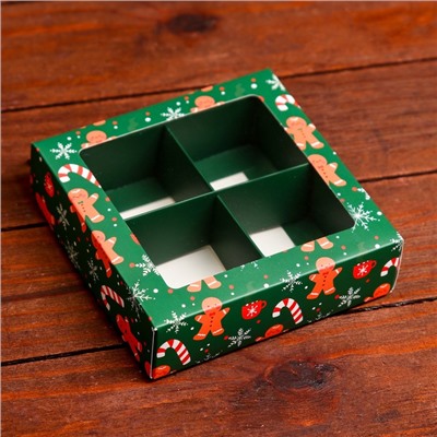 Коробка под 4 конфеты новогодняя «Имбирный пряник», 12.5×12.5×3.5 см
