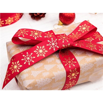 Лента репсовая новогодняя с тиснением «Снежинки», 25 мм, 23±1 м, красная