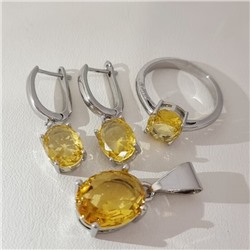 Комплект ювелирной бижутерии коллекция "Дубай" серьги, кулон и кольцо 17 р покрытие посеребрение, вставка: стекло, цвет: желтый, арт.215.624-17