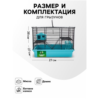 Клетка для грызунов «Пижон», 38×27×27 см, складная, домик, миска, колесо, бирюзовая