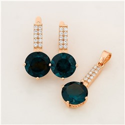 Комплект ювелирной бижутерии коллекция "Дубай" серьги и кулон, покрытие позолота, вставка: фианиты и цирконы, цвет: суровый синий и прозрачный, арт.414.005