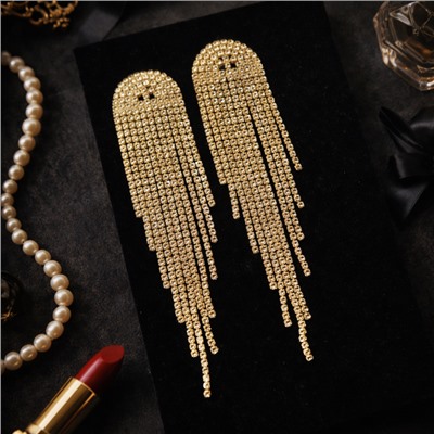 Серьги длинные женские вечерние со стразами, цвет: золотистый и прозрачный, арт.012.042