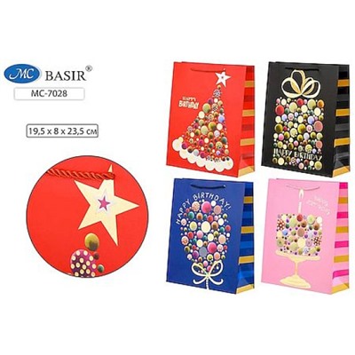 Пакет бумажный 19,5х23,5х8 см "С ДНЕМ РОЖДЕНИЯ" МС-7028 плотный,матовый,с рис., ассорти Basir