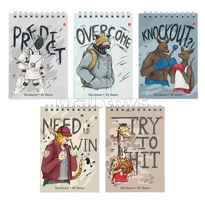 Блокнот А6 40 л. "на спорте" 5 видов,клетка, пружина сверху