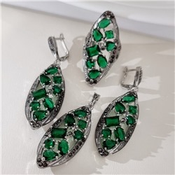 Крупный комплект ювелирной бижутерии серьги, кулон и кольцо 18 р, покрытие посеребрение, вставка: фианиты, цвет: зеленый, арт.314.918-18