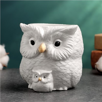 Фигурное кашпо для цветов «Сова с совёнком», 12×14×10 см, гипс, белое