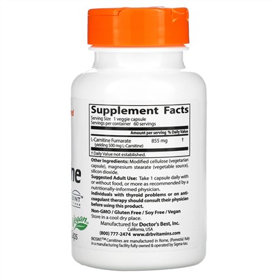 Doctor's Best, L-карнитин фумарат с карнитинами Biosint, 855 мг, 60 вегетарианских капсул