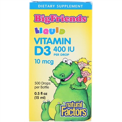Natural Factors, Big Friends, жидкий витамин D3, 10 мкг 400 МЕ, 15 мл (0,5 жидк. унции)