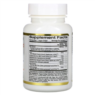 California Gold Nutrition, AstaCarotenoid, комплекс с лютеином, ликопином и астаксантином, 30 растительных мягких таблеток