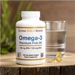 California Gold Nutrition, омега-3, рыбий жир премиального качества, 100 капсул из рыбьего желатина