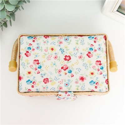 Шкатулка для рукоделия и шитья «Яркие цветочки с квадратиками», хранение ниток, иголок, мелочи, 9.5×19.5×13 см