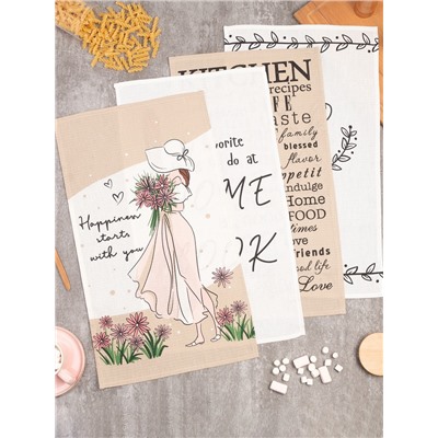 Набор кухонных полотенец Доляна Happiness, 35×60 см -4 шт., 100% хлопок, вафля 160 г/м²