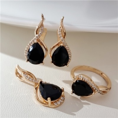 Комплект ювелирной бижутерии коллекция "Дубай" серьги, кулон и кольцо 18 р, покрытие позолота, вставка: стекло и цирконы, цвет: черный и прозрачный, арт.217.487-18