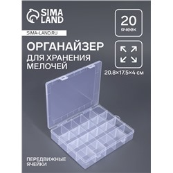 Органайзер для хранения мелочей, передвижные ячейки, 20 ячеек, 20.8×17.5×4 см, прозрачный