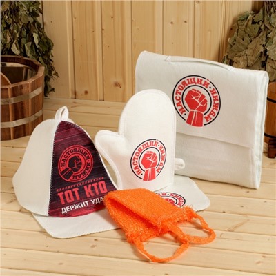 Набор для бани с принтом «Настоящий мужик», 5 предметов: шапка, рукавица, портфель, мочалка, коврик