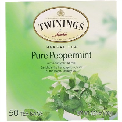 Twinings, Травяной чай, чистая перечная мята, без кофеина, 50 чайных пакетиков, 100 г (3,53 унции)