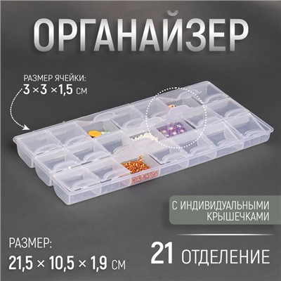 Органайзер для хранения мелочей, 21 отделение, 21.5×10.5×1.9 см, прозрачный